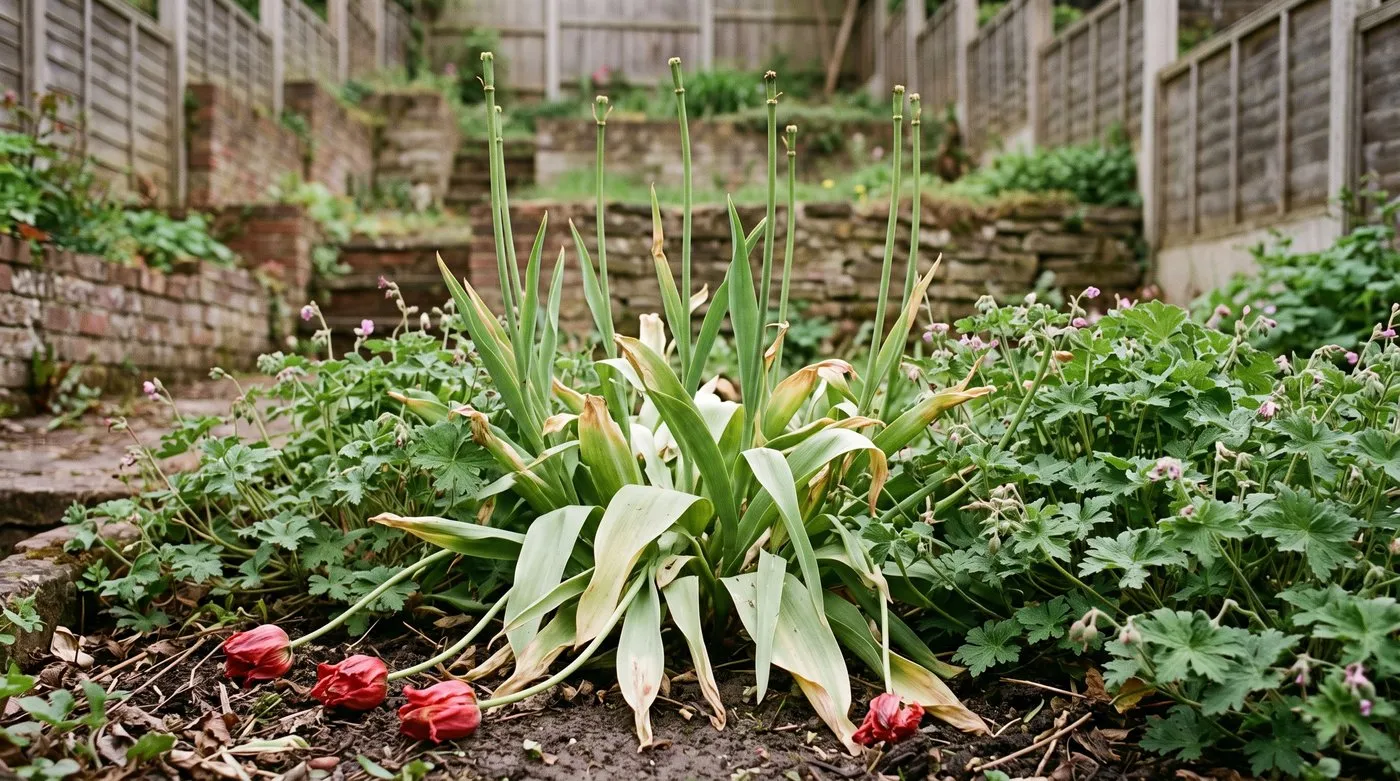 Deadheaded tulip stems with leaves left to yellow and die back in a border