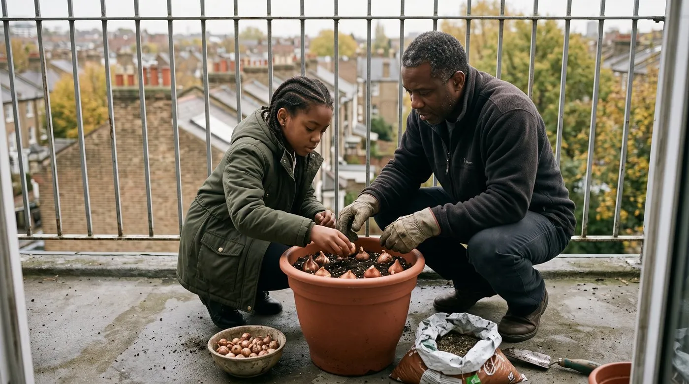 Father and daughter layering tulip and daffodil bulbs in a deep pot on a balcony