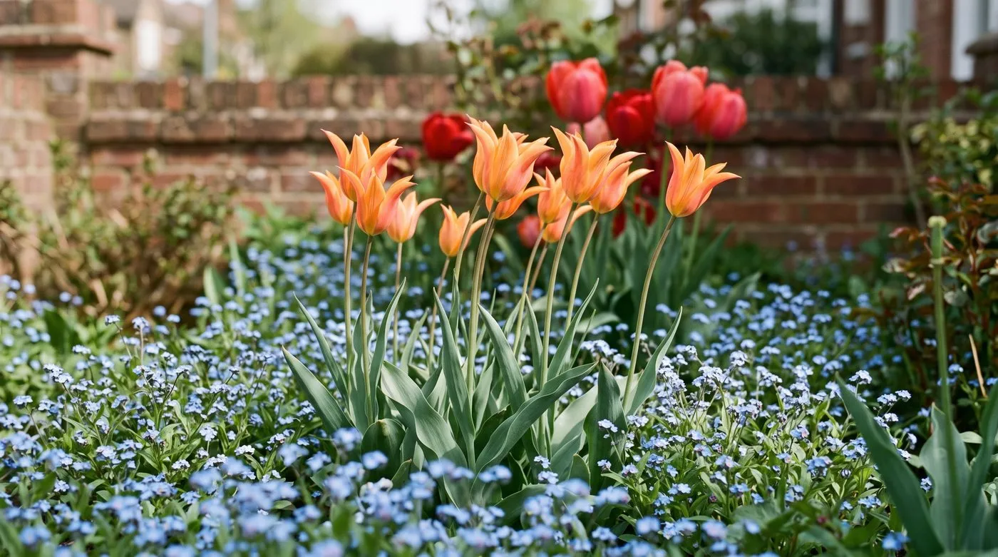 Orange lily-flowered tulips with pointed petals above blue forget-me-nots in a spring border