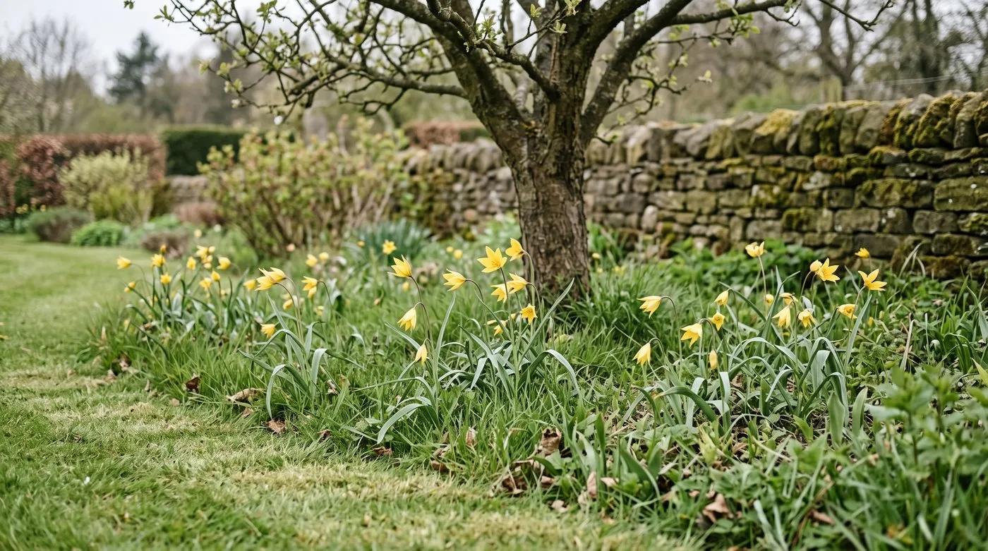 Yellow wild tulips naturalised in long grass under a tree at the edge of a lawn