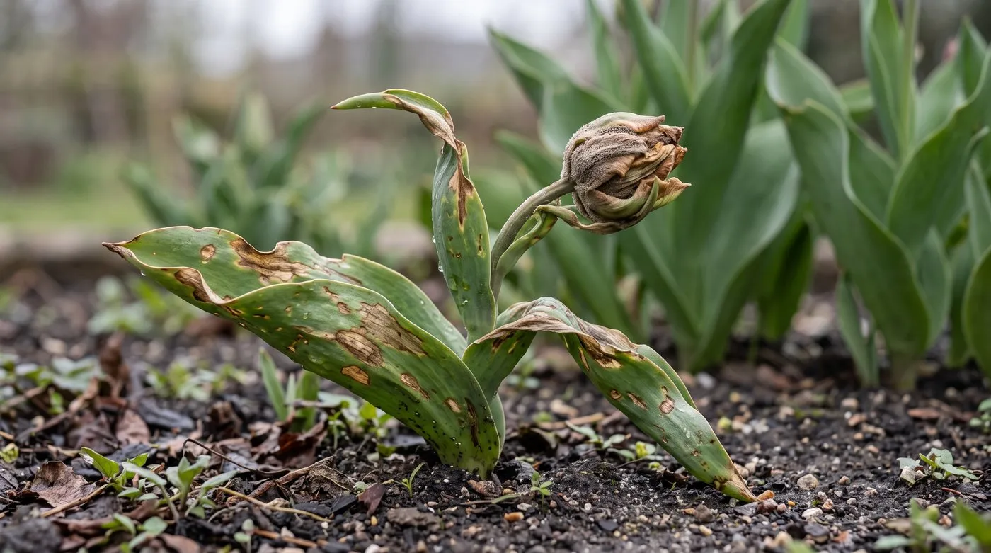 Tulip leaves with brown scorched patches and a twisted shoot caused by tulip fire