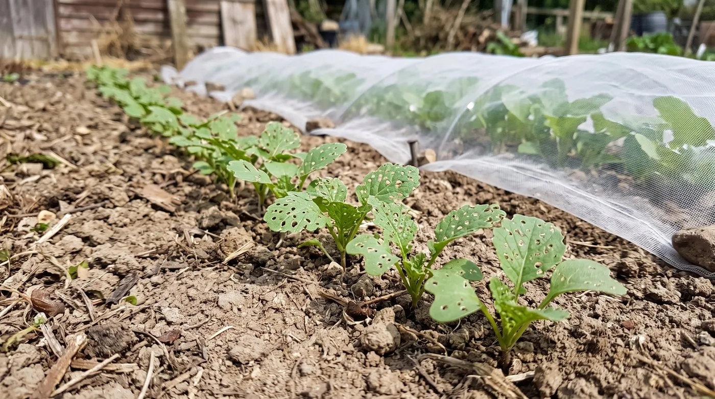 Turnip seedlings with leaves full of tiny round holes from flea beetle beside a row under insect mesh