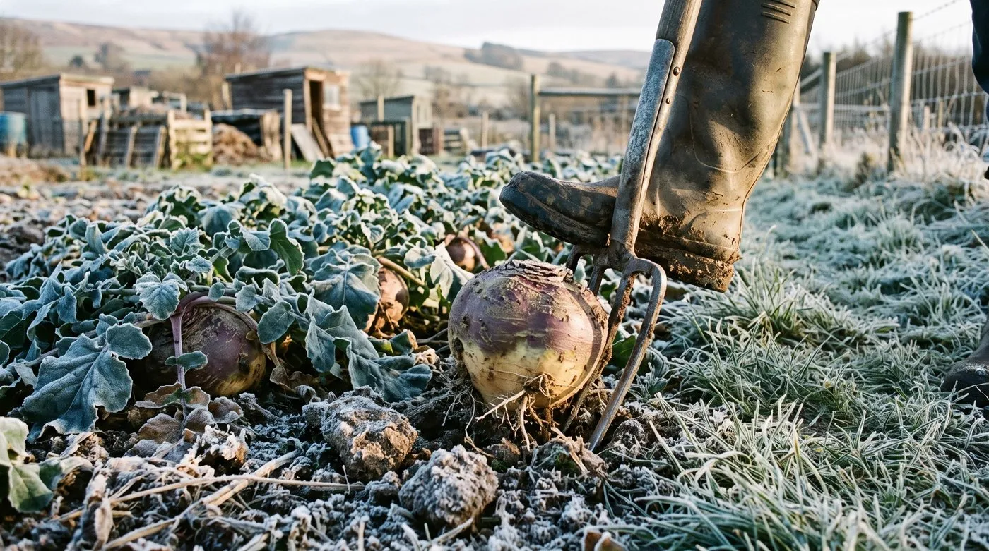 Garden fork lifting a large swede from frosty soil in a row of swedes in winter