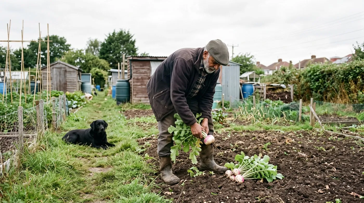 Allotment gardener pulling golf-ball-sized purple-topped turnips while a Labrador watches from the path