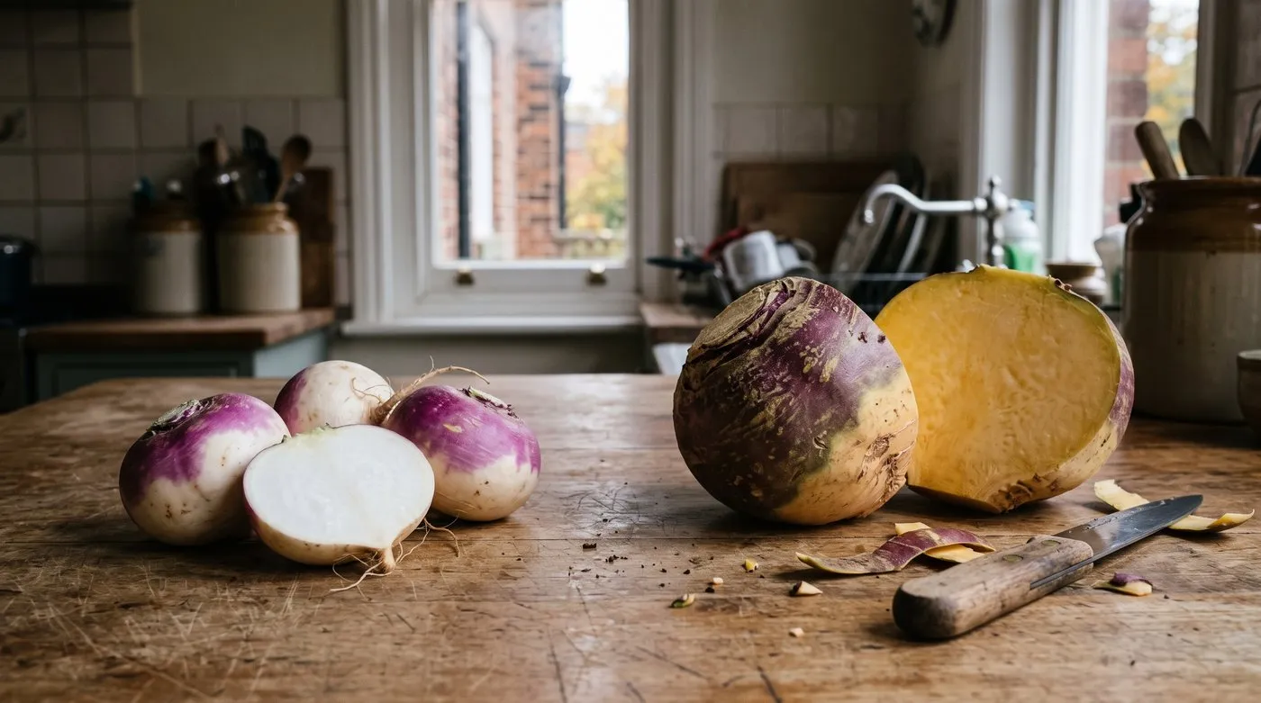 Small turnips cut to show white flesh beside a large swede cut to show yellow-orange flesh