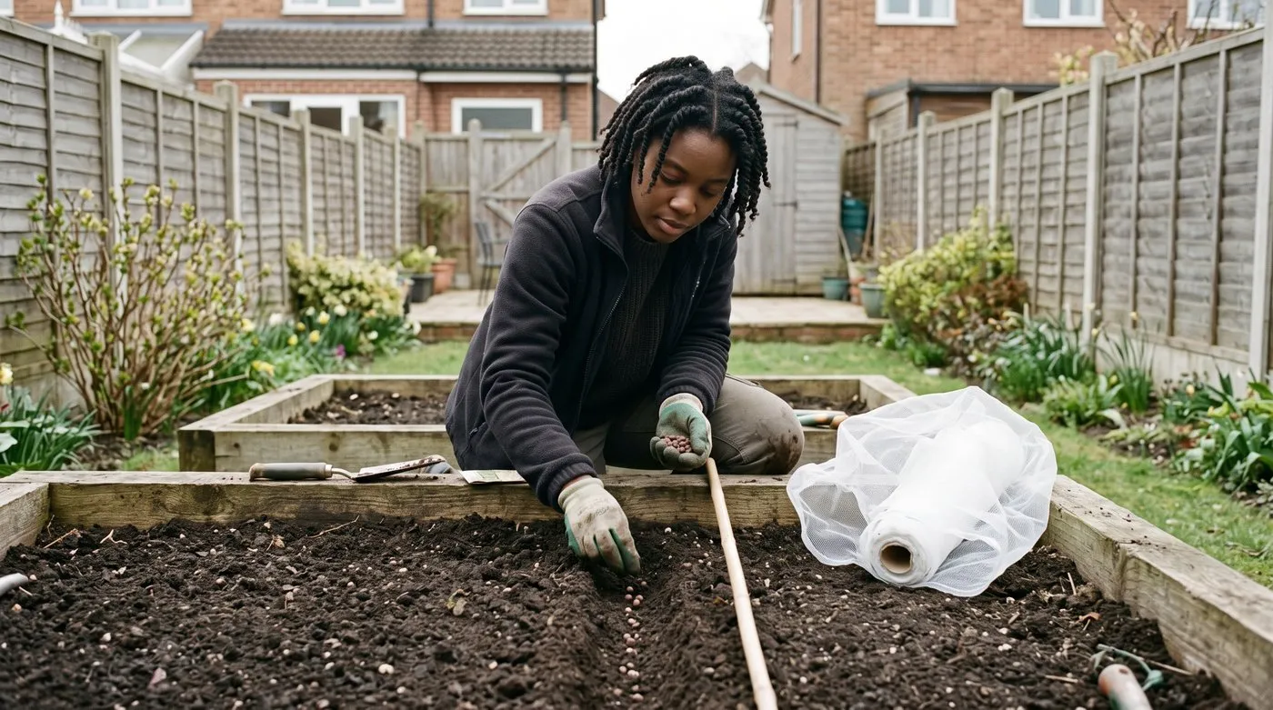 Gardener sowing turnip seed thinly along a shallow drill in a raised bed with insect mesh ready beside it