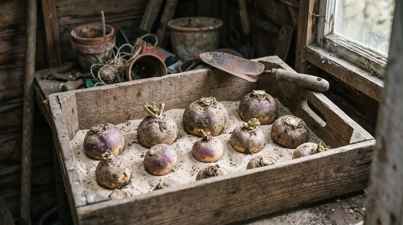 Unwashed swedes and turnips laid in a crate of sand in a garden shed for winter storage