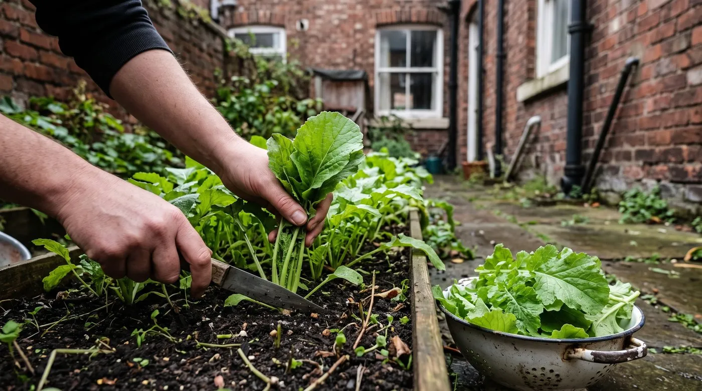 Hands cutting young turnip tops with a knife from a thickly sown row into a colander