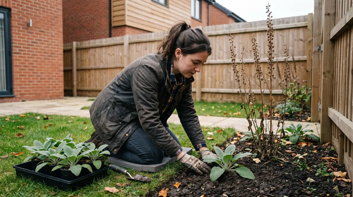 Woman in gloves planting young foxglove rosettes into a border in early autumn
