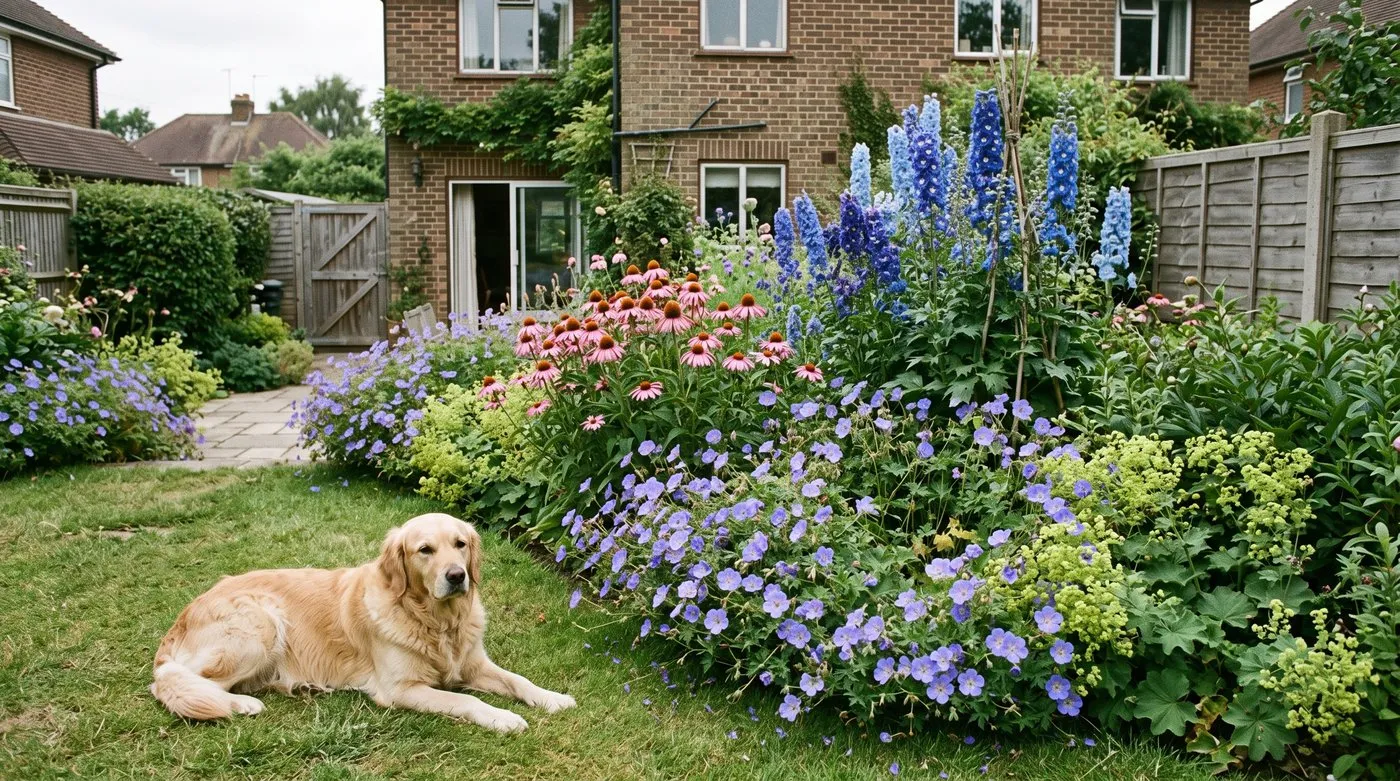 Perennial border with blue hardy geraniums, pink echinacea and delphiniums beside a lawn, a dog lying nearby