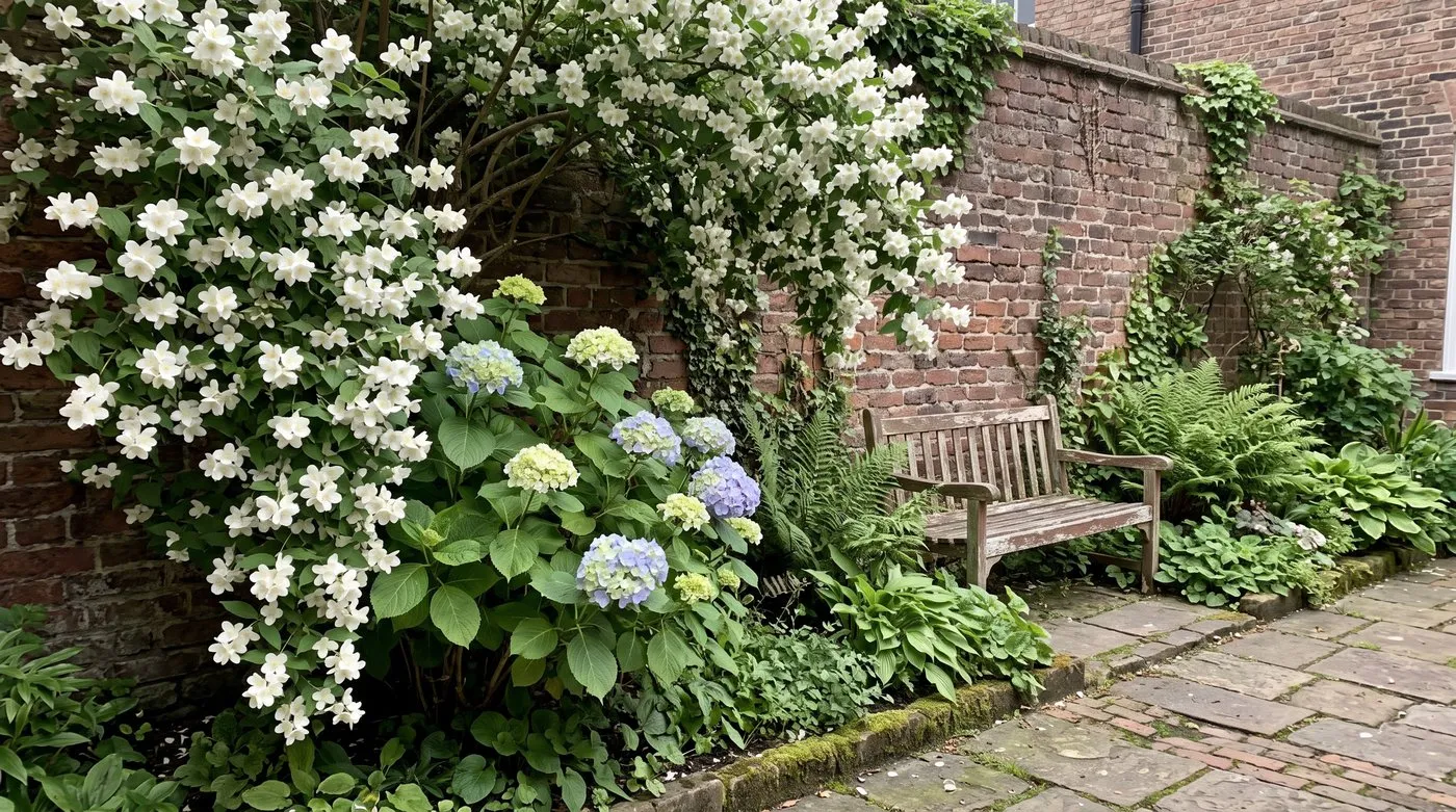 Mock orange shrub covered in white flowers beside a blue hydrangea in a small courtyard garden