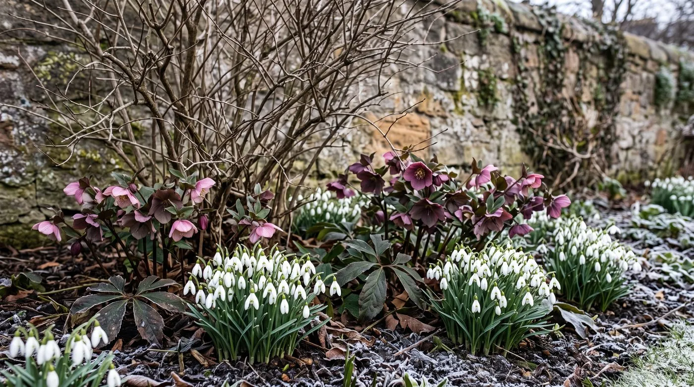 Snowdrops and pink hellebores flowering together in a frosty winter border