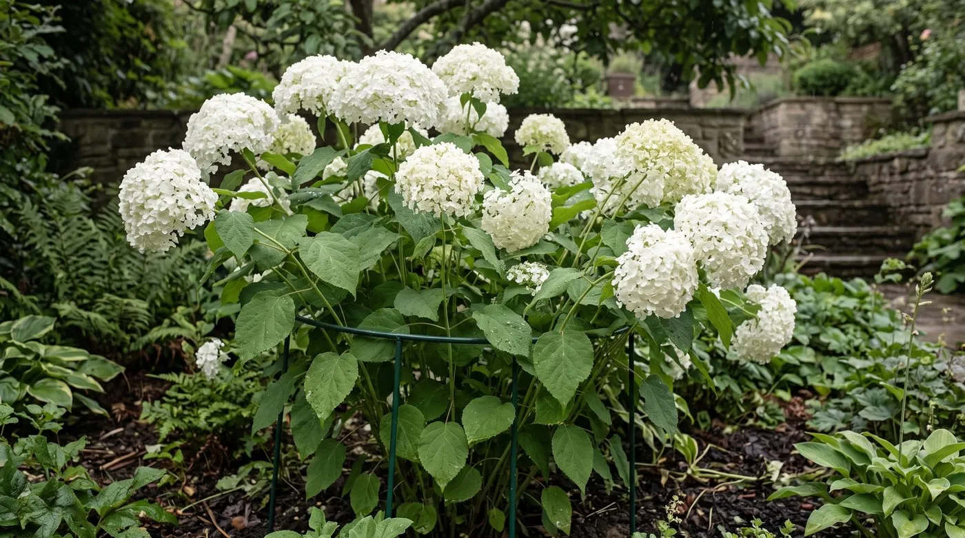 Hydrangea Annabelle with large white flower heads held up by a metal peony ring support