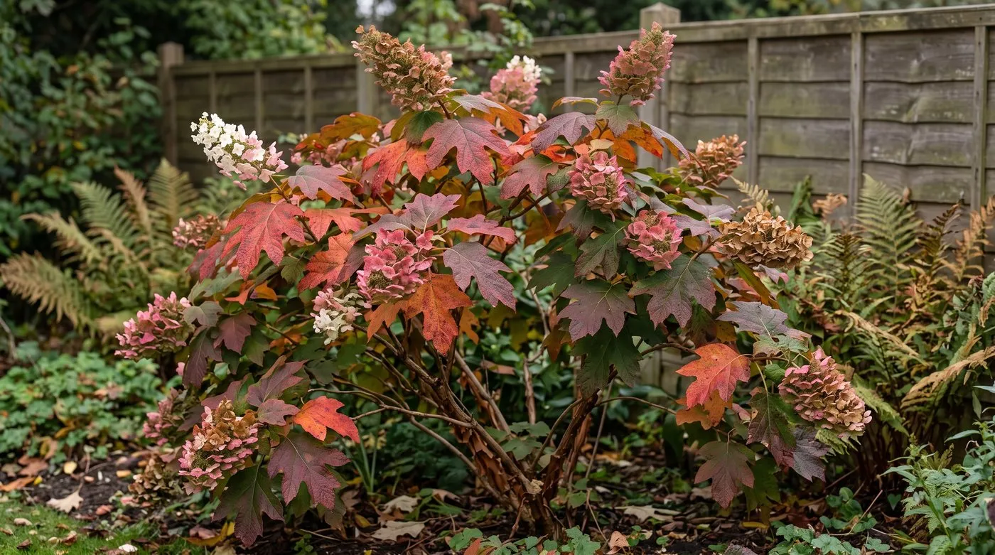Oakleaf hydrangea with lobed oak-shaped leaves turning crimson and orange in an autumn border