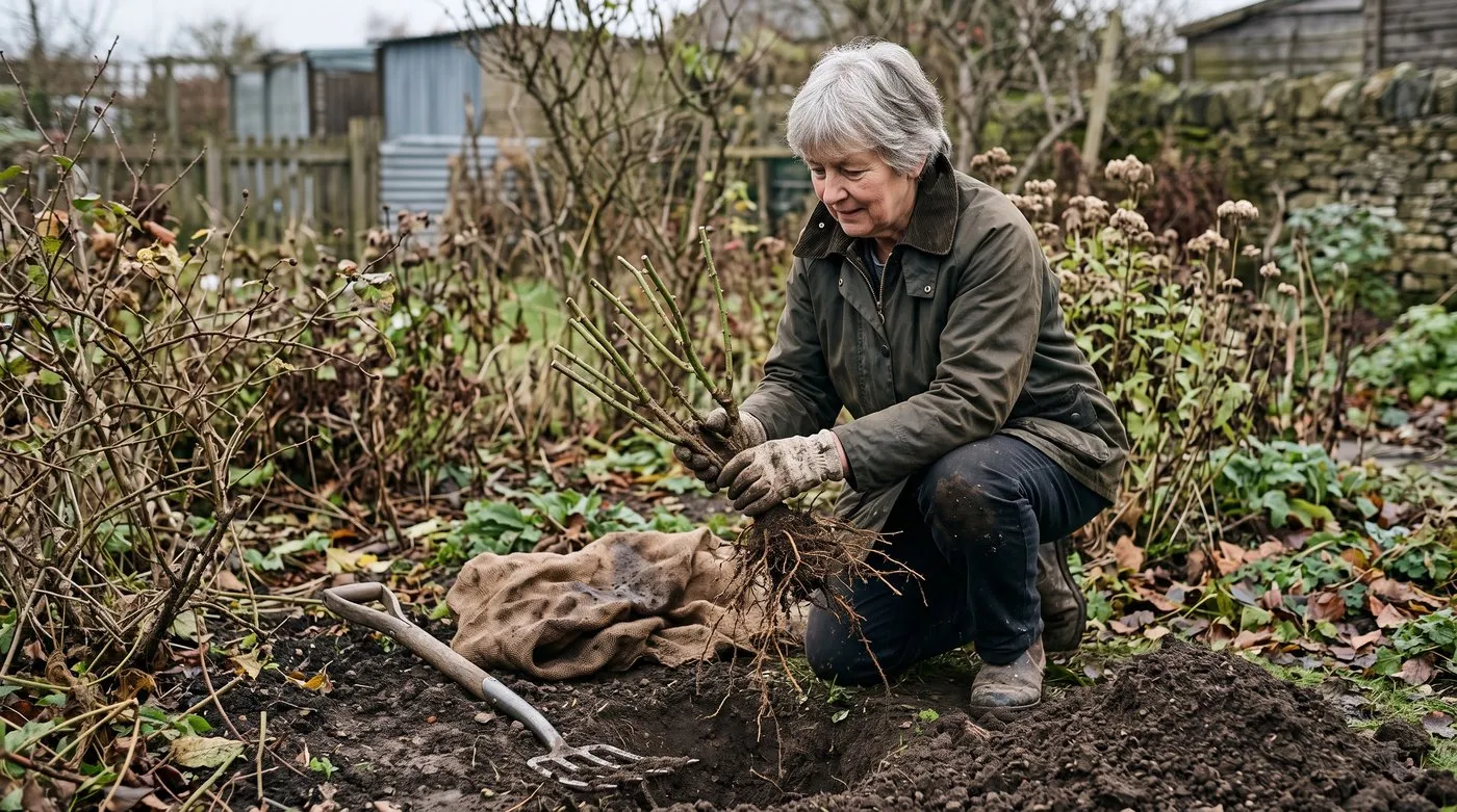 Older woman about to plant a dormant bare-root rose in a prepared hole in November