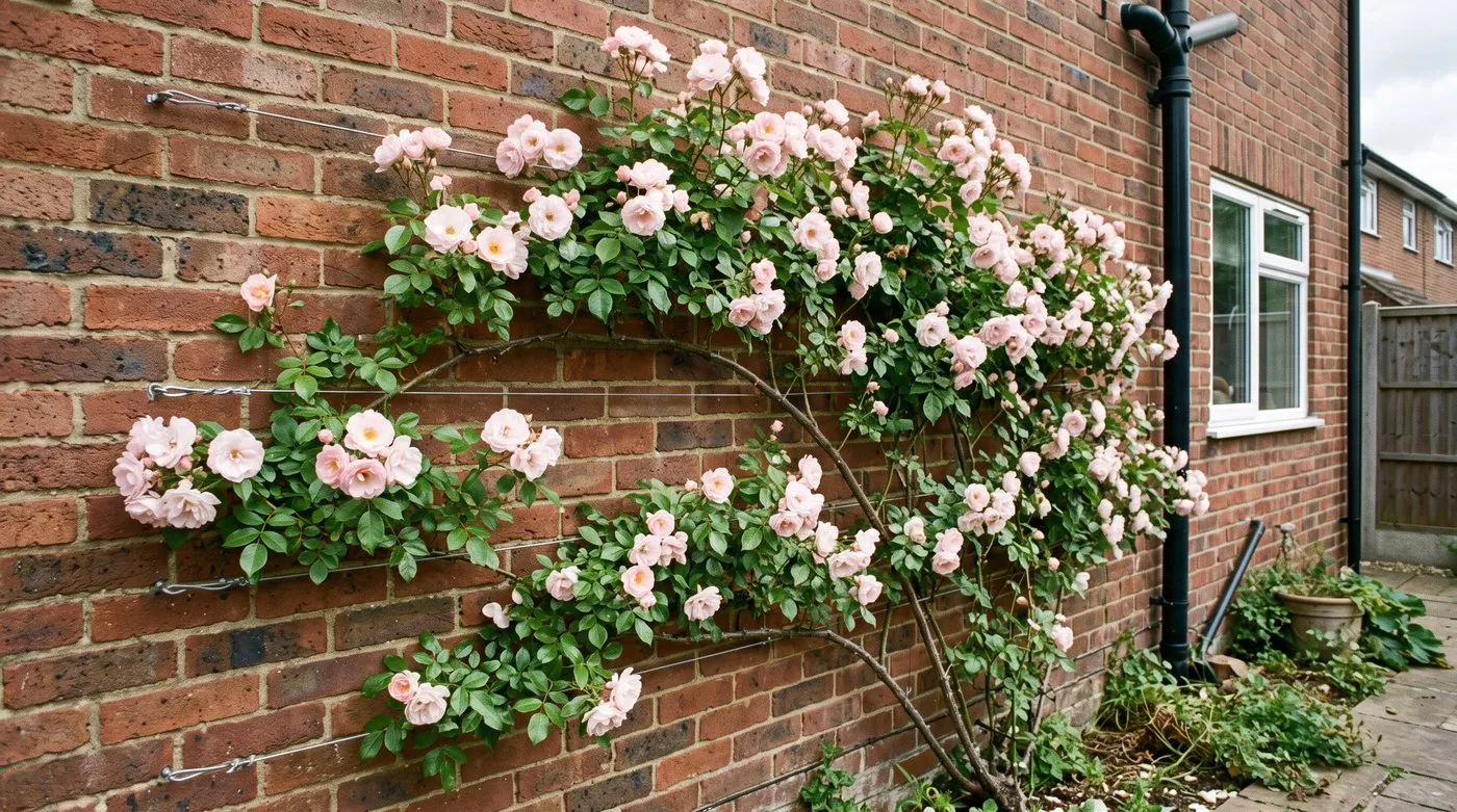 Climbing rose trained sideways along horizontal wires on a brick wall, flowering along every stem