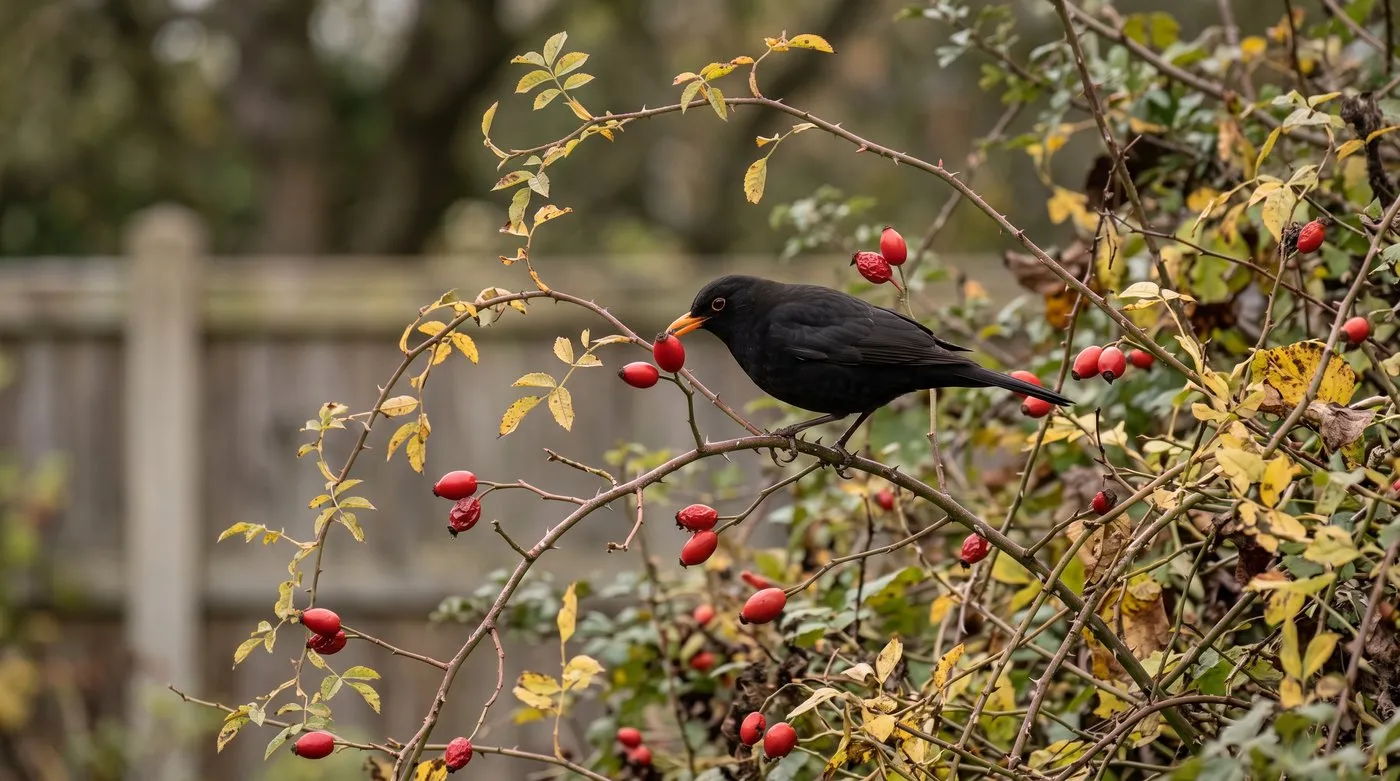 Blackbird eating red hips on a wild dog rose in a garden hedge in autumn