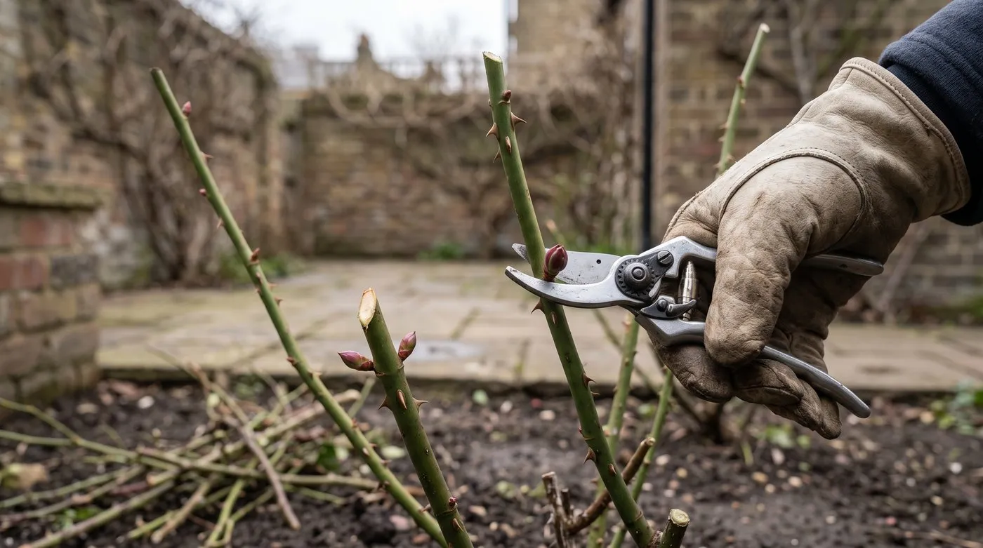 Secateurs pruning a hybrid tea rose just above an outward-facing bud in late winter