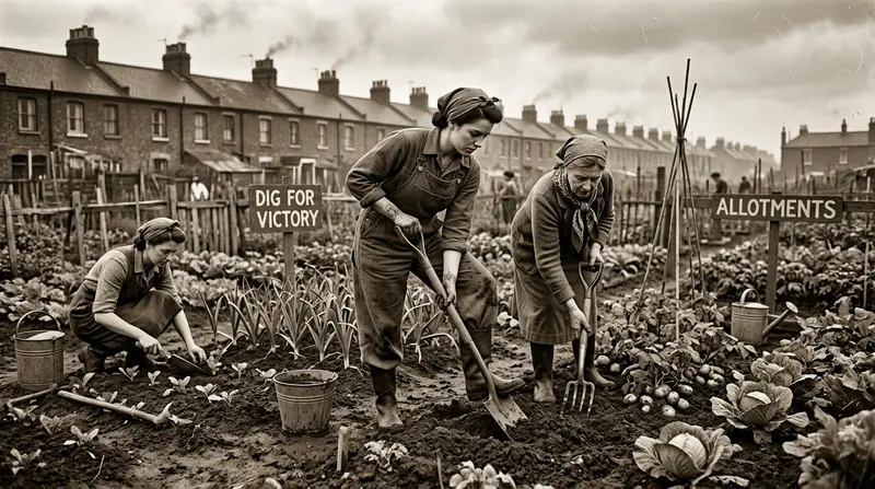 UK allotments history Dig for Victory wartime women digging vegetable beds