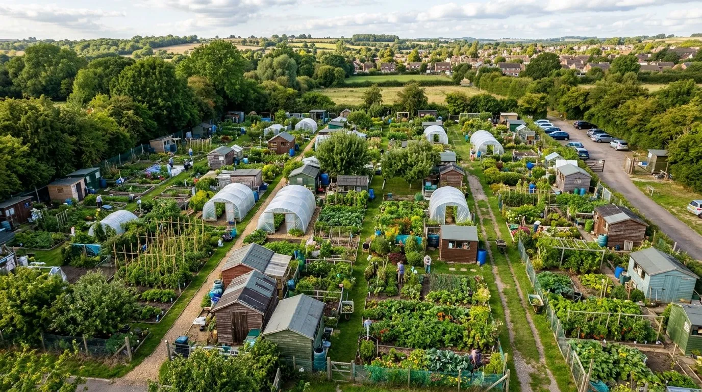 Modern UK allotment site shown from above with diverse plots, sheds, polytunnels