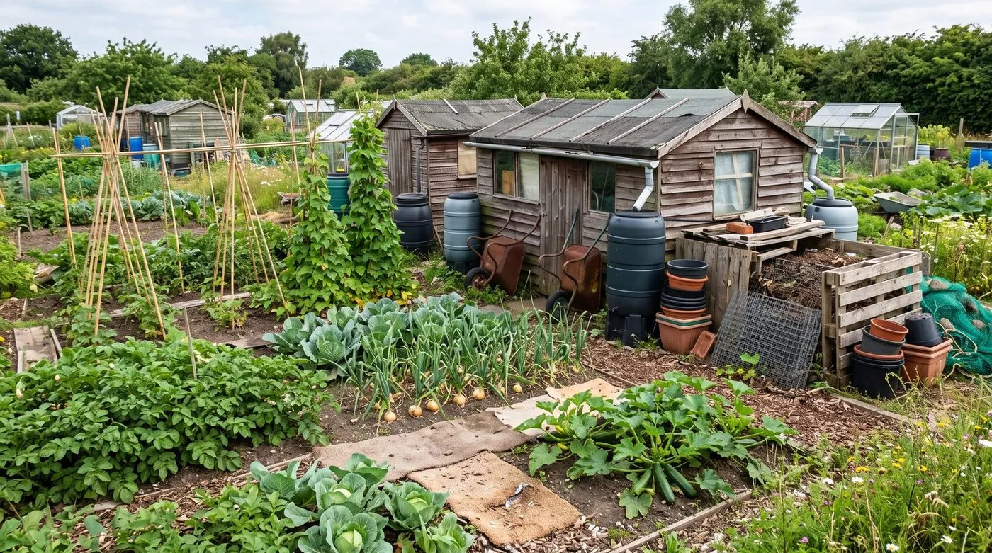 A traditional UK allotment site with rows of vegetables and timber sheds