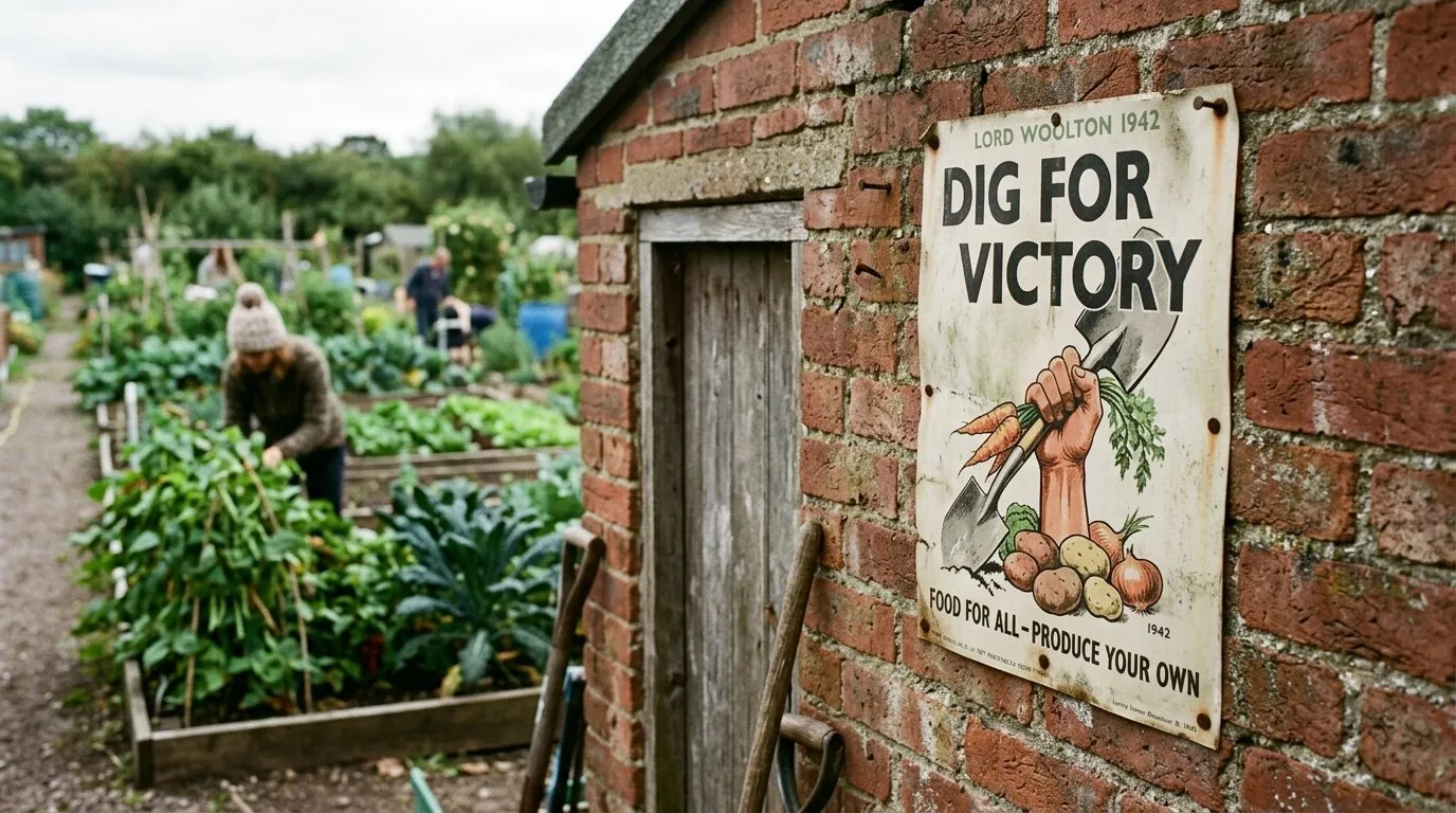 Vintage Dig for Victory poster on a brick allotment shed wall