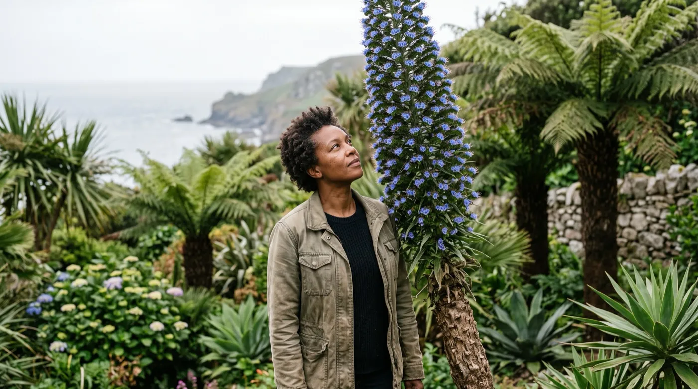 Gardener inspecting a tall echium in a sheltered west Cornwall coastal garden, USDA zone 10a on winter lows