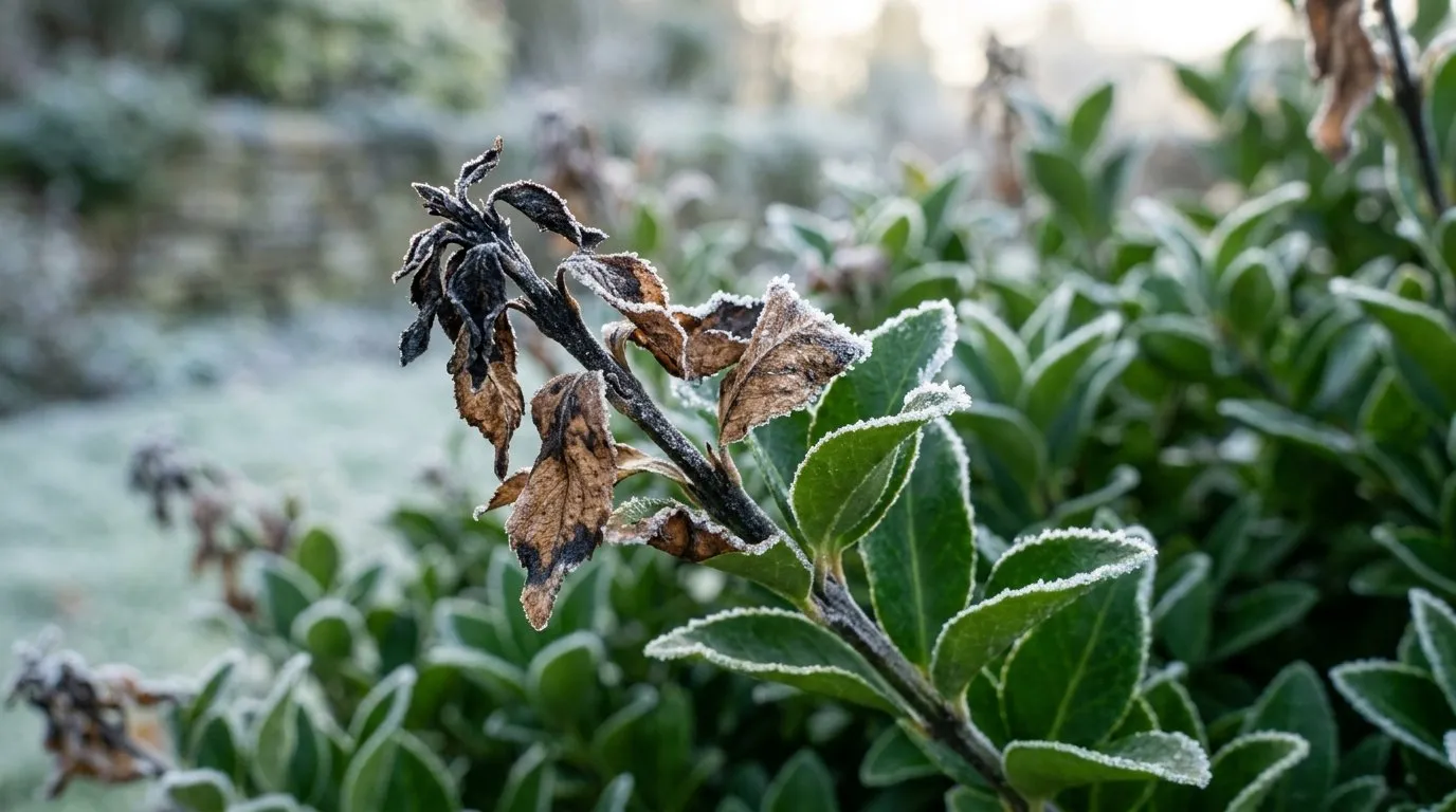 Blackened frost-scorched shoot tips on an evergreen shrub in a UK garden after a hard overnight frost