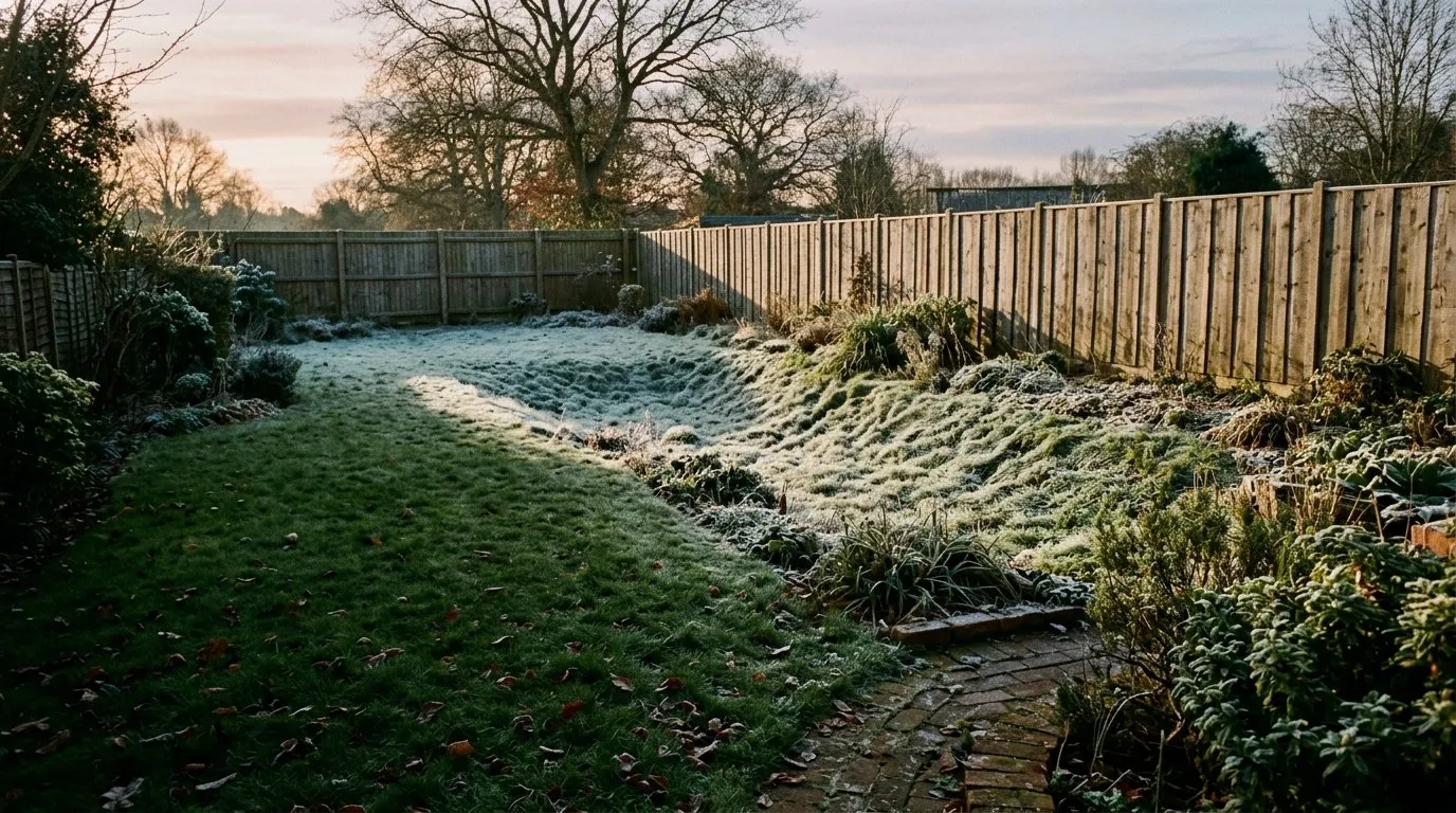 Frost lying in a hollow at the bottom of a sloping UK garden while the higher ground stays clear