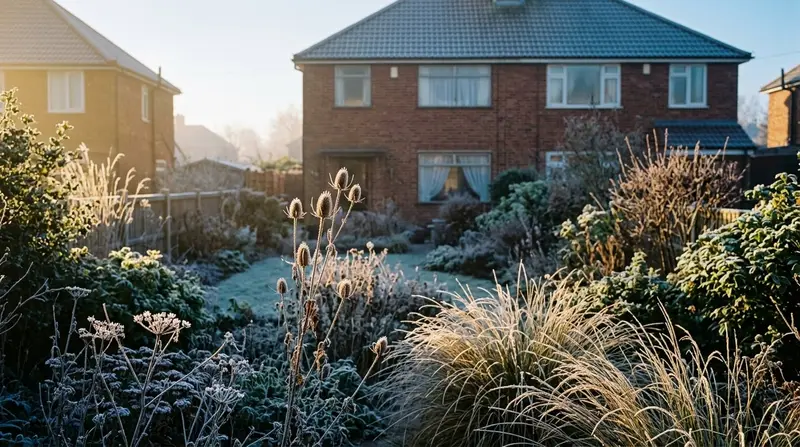 Frosted mixed perennial border in a UK suburban garden at dawn, illustrating UK hardiness zones in practice