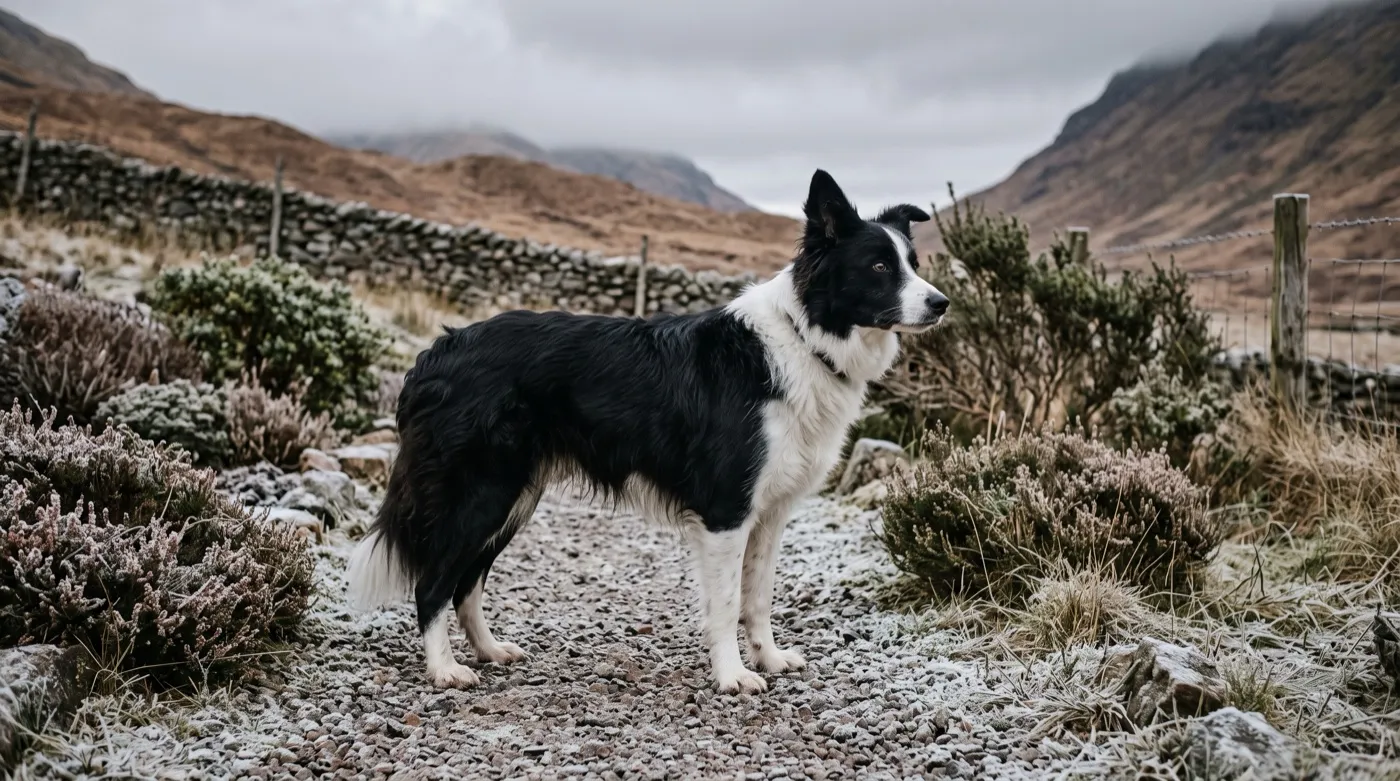 Border collie on a frosted path in an exposed Scottish highland garden where H6 or H7 is the hardiness floor