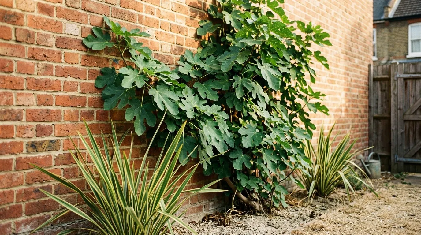 Tender exotic plant thriving against a warm south-facing brick wall of a London terraced house