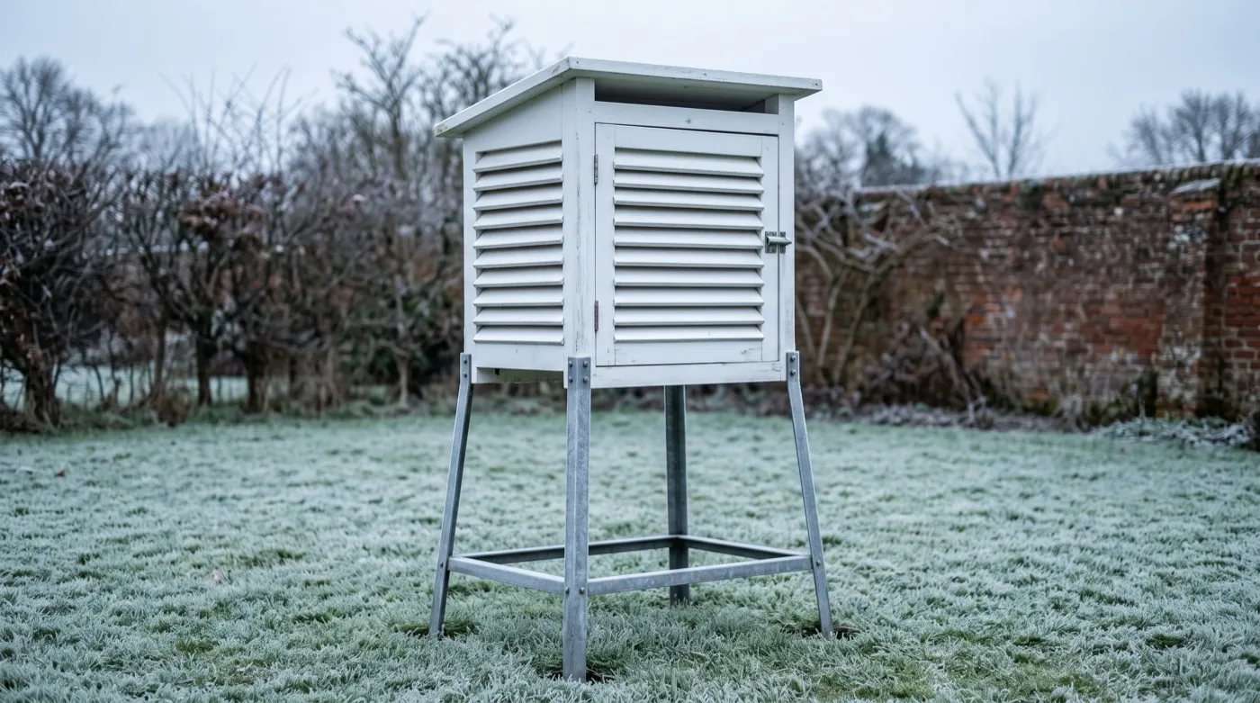 Louvred white Stevenson screen standing above frosted short grass, the standard behind every UK hardiness rating
