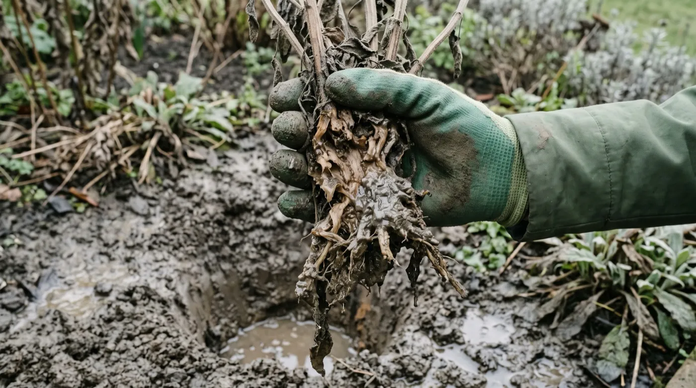 Rotted crown of a lavender plant lifted from waterlogged clay soil, blackened and soft at the base
