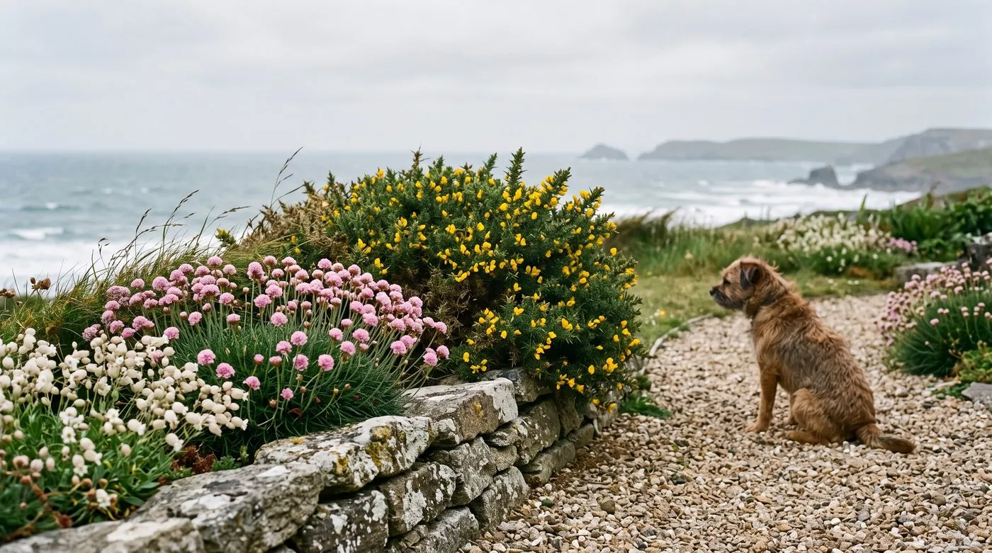 Seaside garden with native thrift, sea campion and gorse on a stone wall, with a terrier on the path