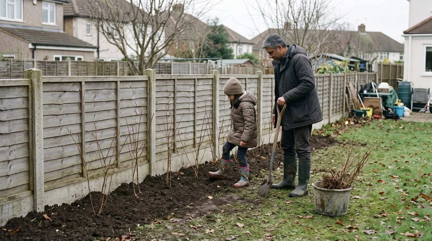 Father and daughter planting a mixed native hedge of bare-root whips along a garden fence