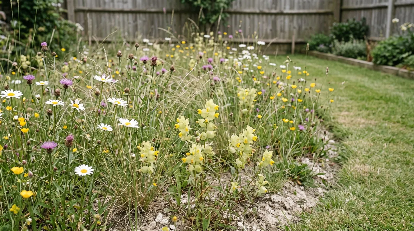 Small native wildflower meadow with oxeye daisies, buttercups and yellow rattle beside a mown path