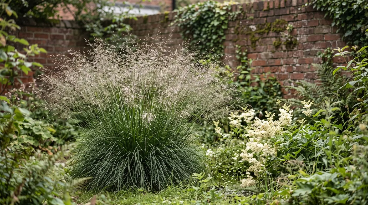 Tufted hair-grass forming an airy tussock of silvery flower heads in a damp garden corner