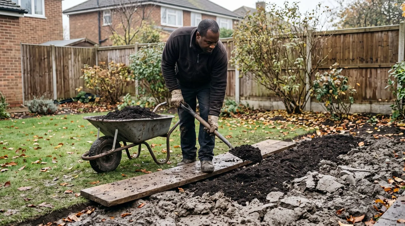 Man standing on a plank to spread compost over heavy clay soil in an autumn border