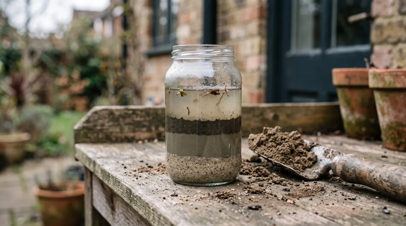 Soil jar test in a glass jam jar showing settled layers of sand, silt and clay