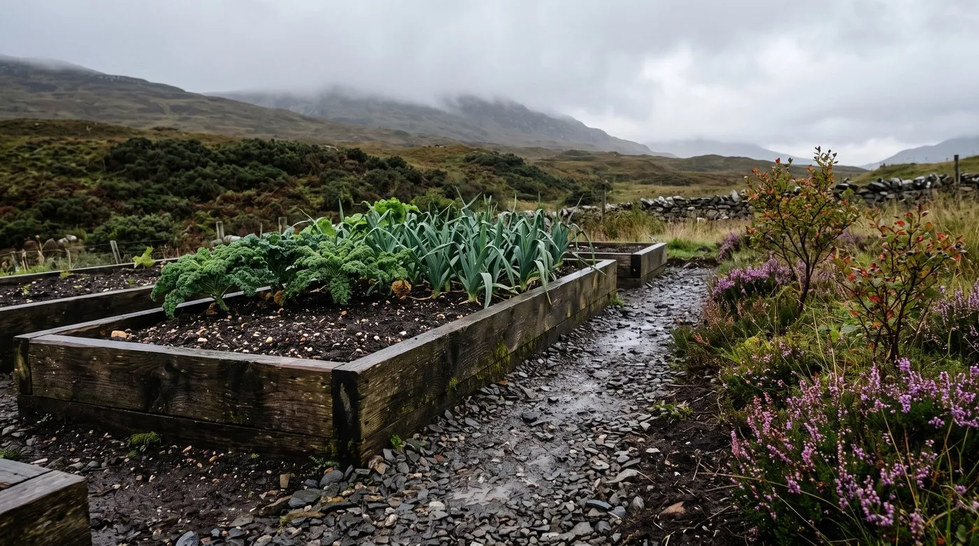Raised vegetable beds on peat soil beside heathers and blueberries in a Highland garden
