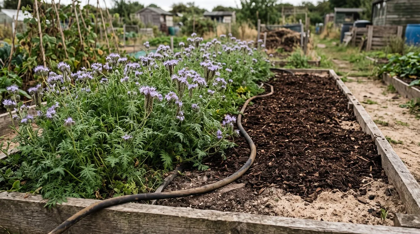 Sandy soil bed with phacelia green manure on one half and leaf mould mulch on the other