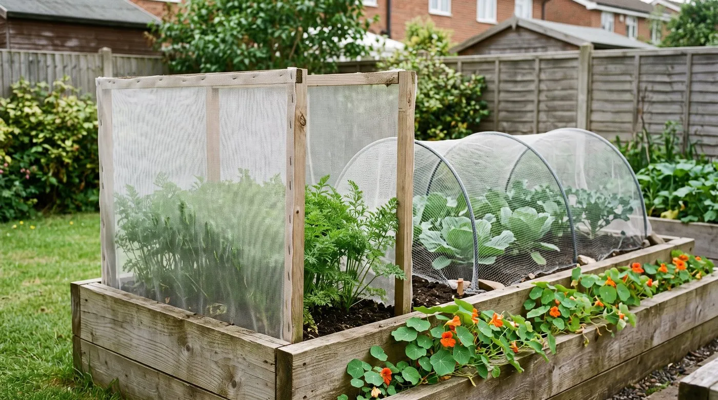 Carrots inside a 60cm mesh barrier beside netted cabbages in a vegetable bed