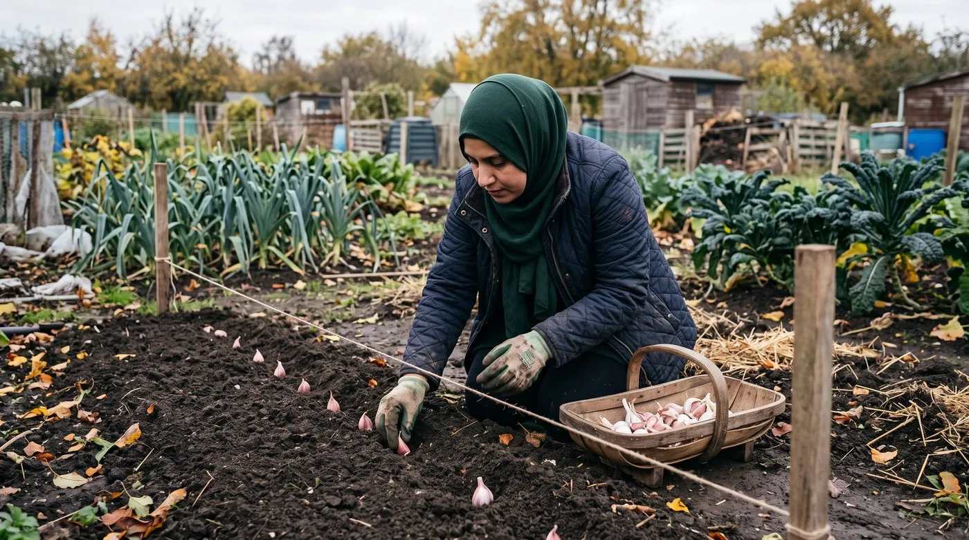 Woman in a hijab planting garlic cloves in a row on an allotment in autumn