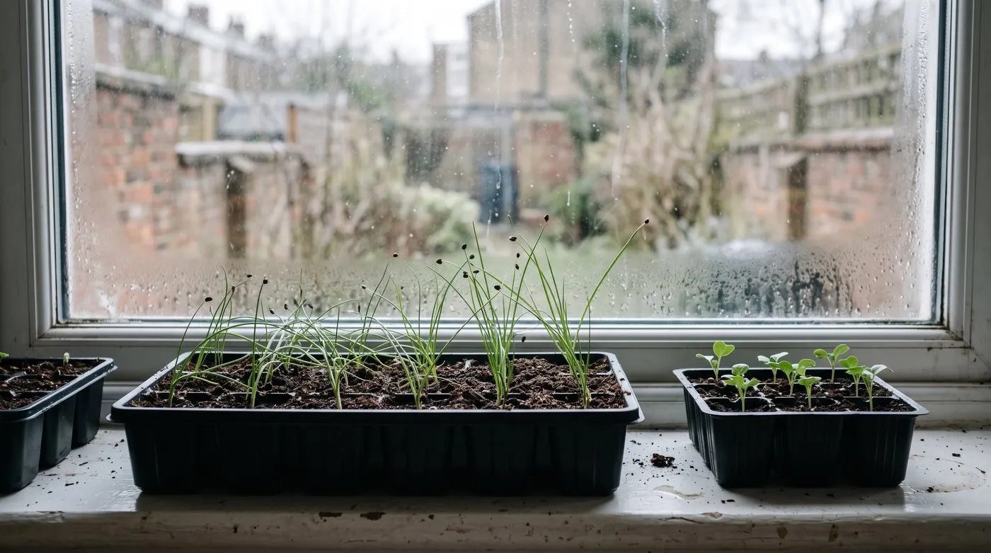 Onion and leek seedlings in module trays on a bright windowsill in February