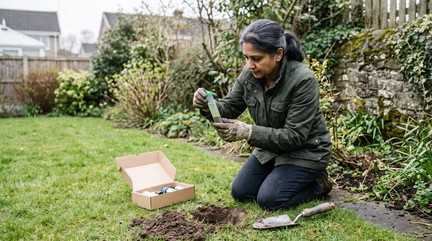 Woman kneeling by a border holding a soil pH test tube beside a trowel and a small sample hole