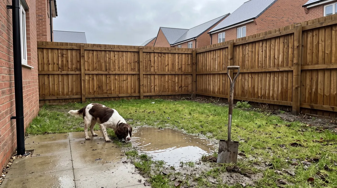 Puddle lying on a corner of a new-build lawn after rain with a spaniel sniffing at the edge