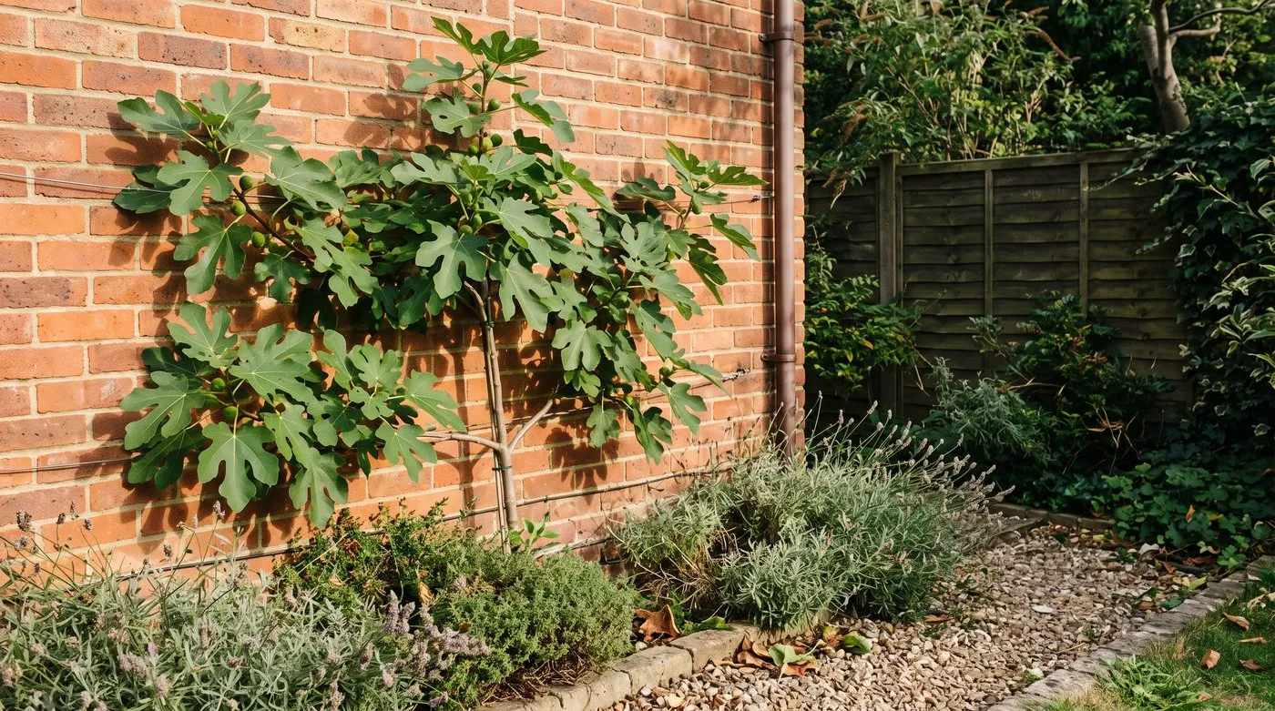 Young fig tree with large lobed leaves growing against a sunny brick house wall