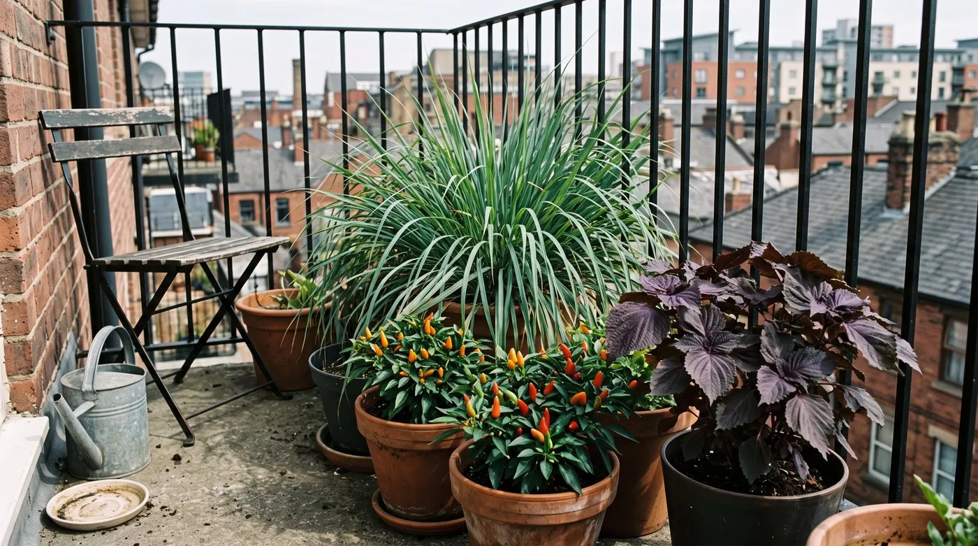 Unusual crops in pots on a flat balcony, with chillies, lemongrass and purple shiso
