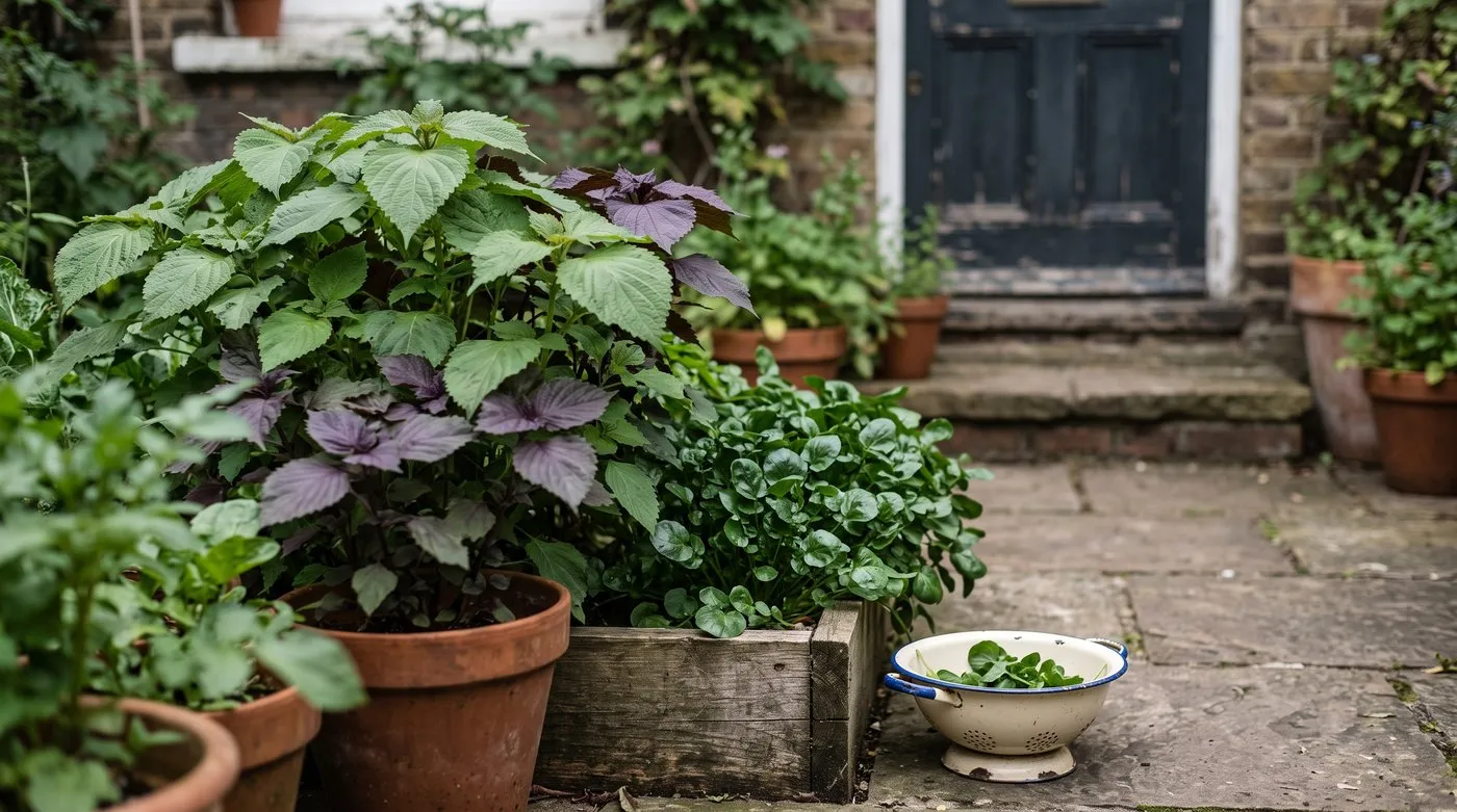 Green and purple shiso plants in pots beside a clump of land cress in a city garden